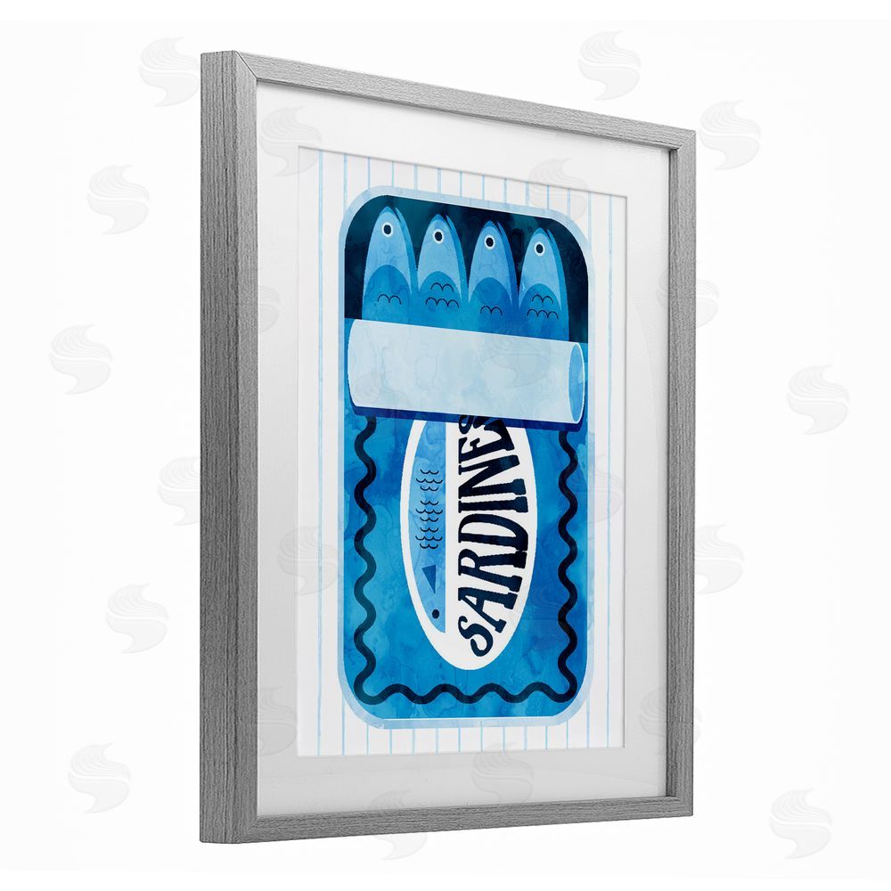 Daphne Polselli Blue Sardine Tin Over Stripes Gray Framed Print Under Glass Wall Art