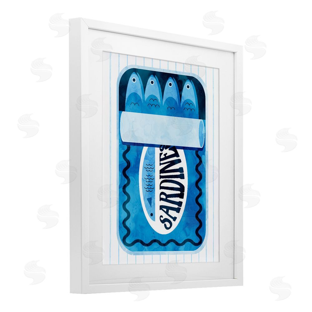 Daphne Polselli Blue Sardine Tin Over Stripes White Framed Print Under Glass Wall Art