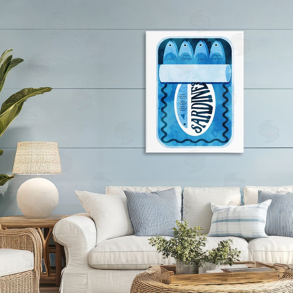 Daphne Polselli Retro Blue Sardine Tin Stretched Canvas Wall Art Print in Room