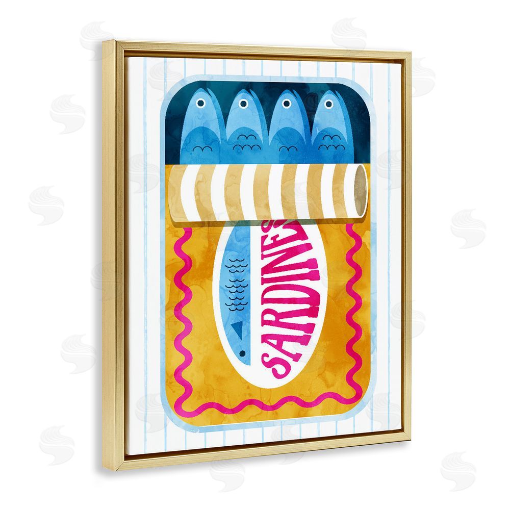 Daphne Polselli Yellow Sardine Tin over Stripes Gold Floating Frame Canvas Wall Art Print