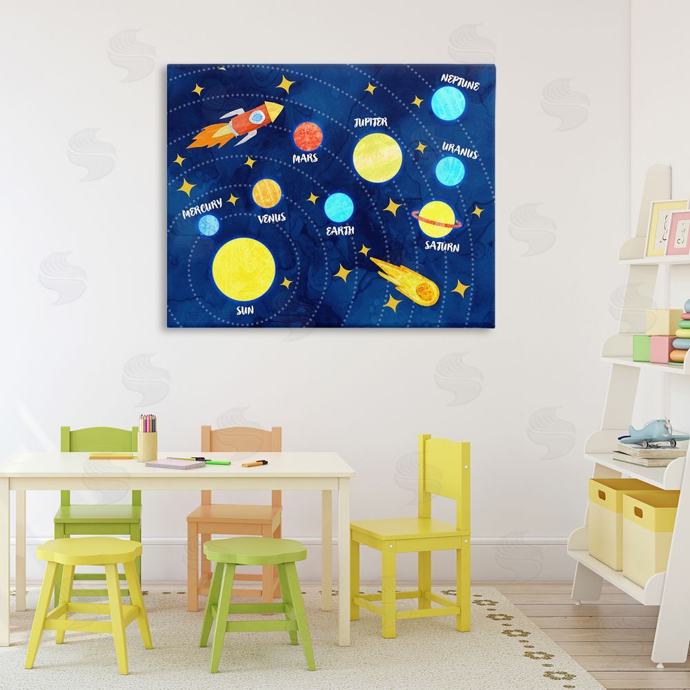 Daphne Polselli Rocket Across Solar System Stretched Canvas Wall Art Print in Room