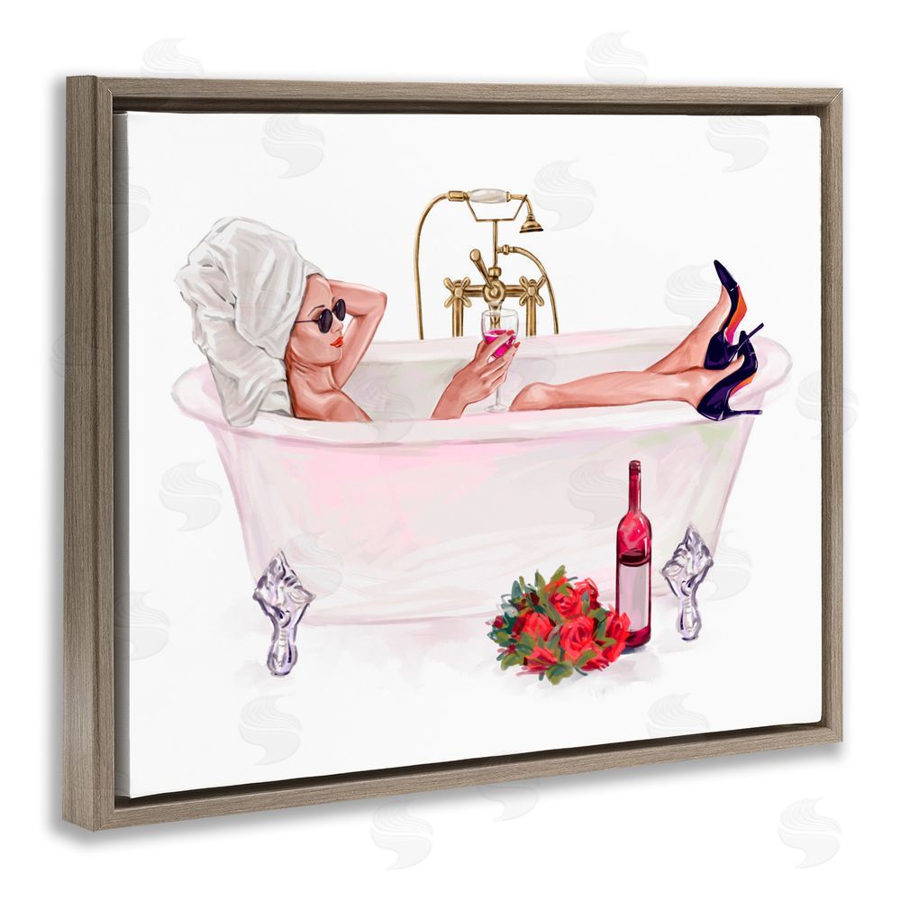 Ziwei Li Woman with Wine Bath Brown Floating Frame Canvas Wall Art Print