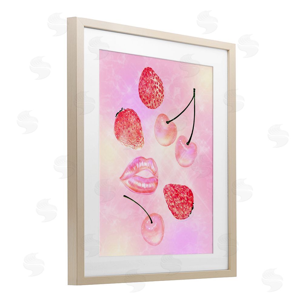 Ziwei Li Pink Fruits and Kisses Brown Framed Print Under Glass Wall Art