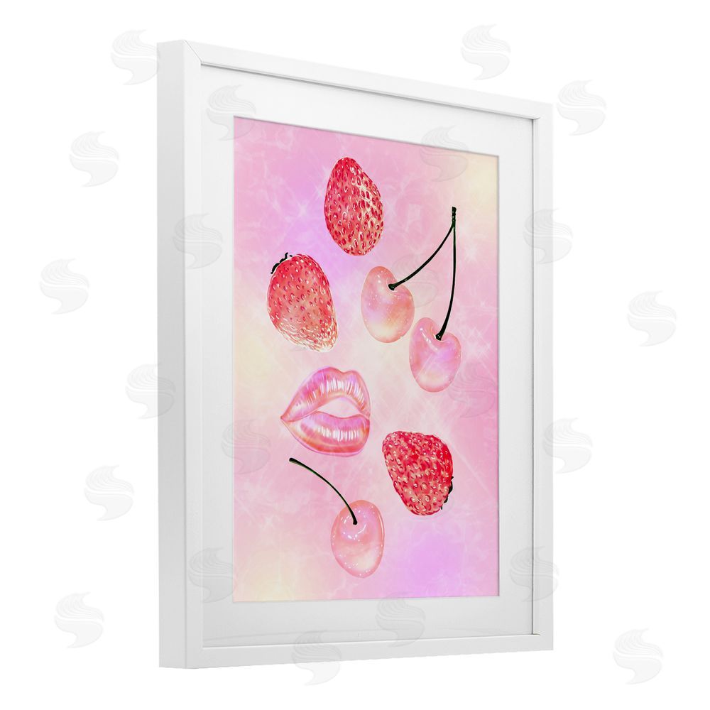 Ziwei Li Pink Fruits and Kisses White Framed Print Under Glass Wall Art
