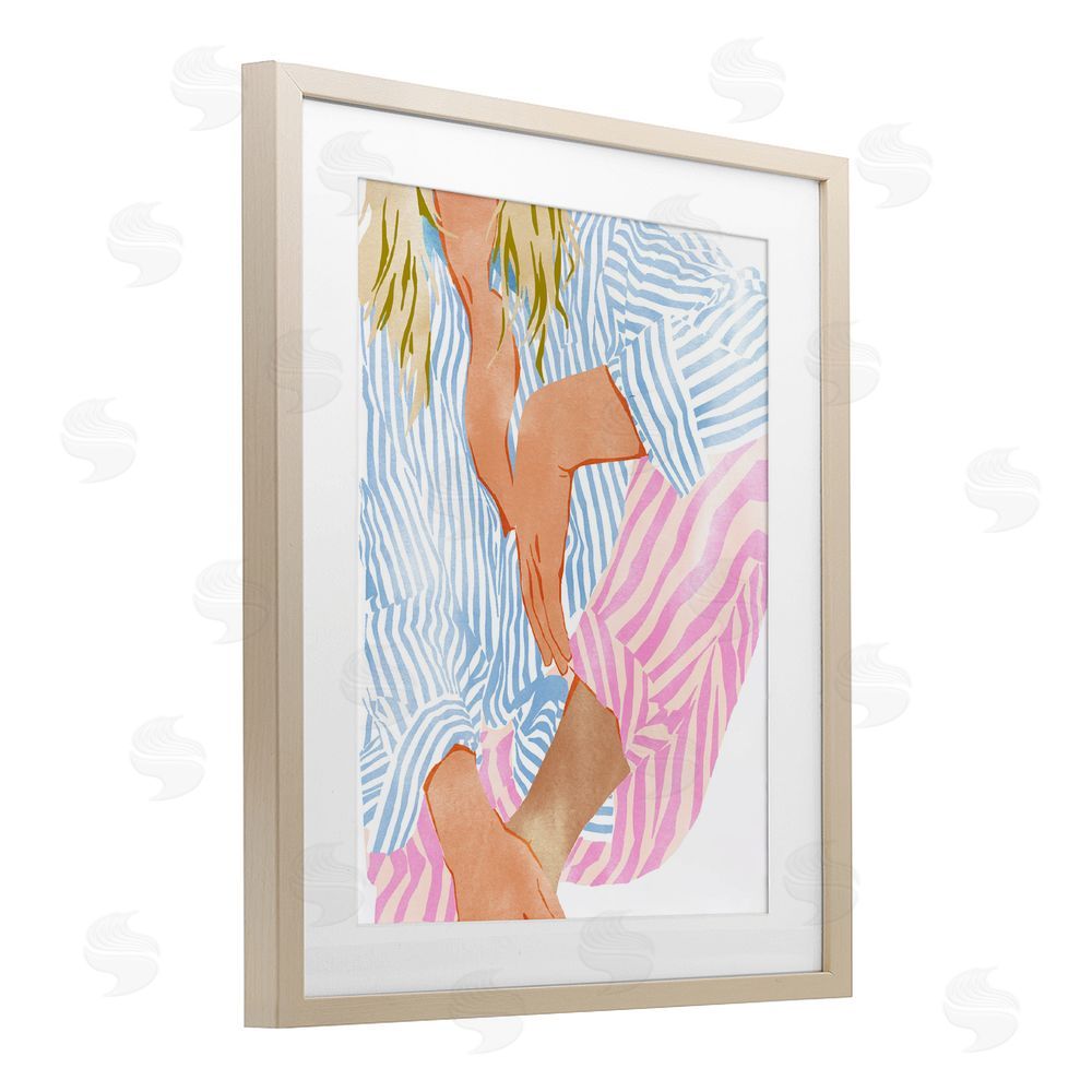 Ziwei Li Woman in Pastel Stripes Brown Framed Print Under Glass Wall Art
