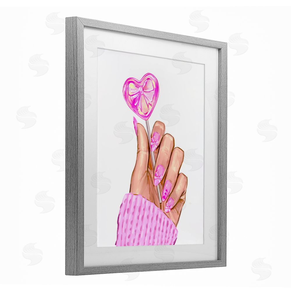Ziwei Li Pink Fashion Bow Lollipop Gray Framed Print Under Glass Wall Art