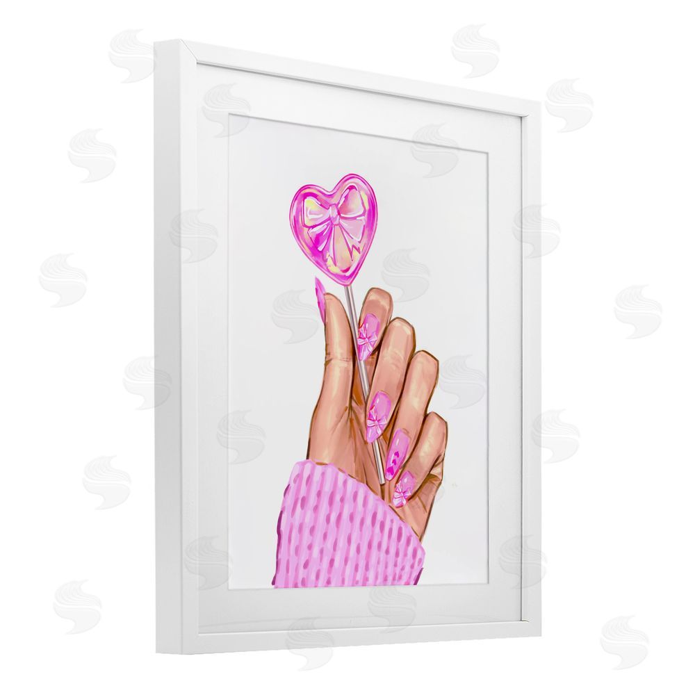 Ziwei Li Pink Fashion Bow Lollipop White Framed Print Under Glass Wall Art