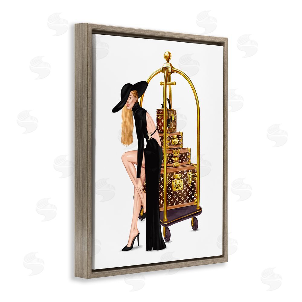 Ziwei Li Fashionista with Hotel Luggage Brown Floating Frame Canvas Wall Art Print