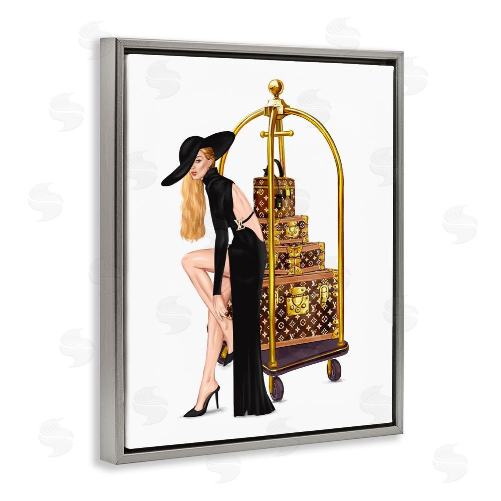 Ziwei Li Fashionista with Hotel Luggage Gray Floating Frame Canvas Wall Art Print