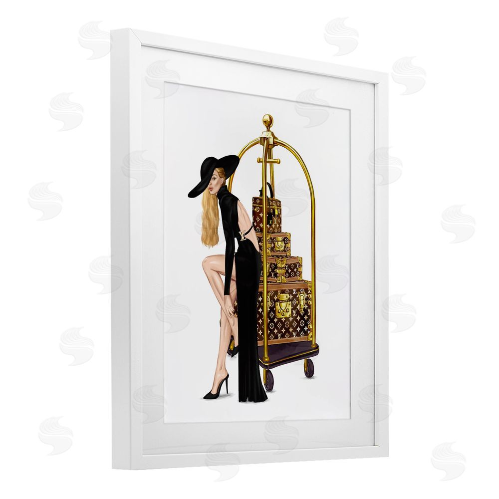 Ziwei Li Fashionista with Hotel Luggage White Framed Print Under Glass Wall Art