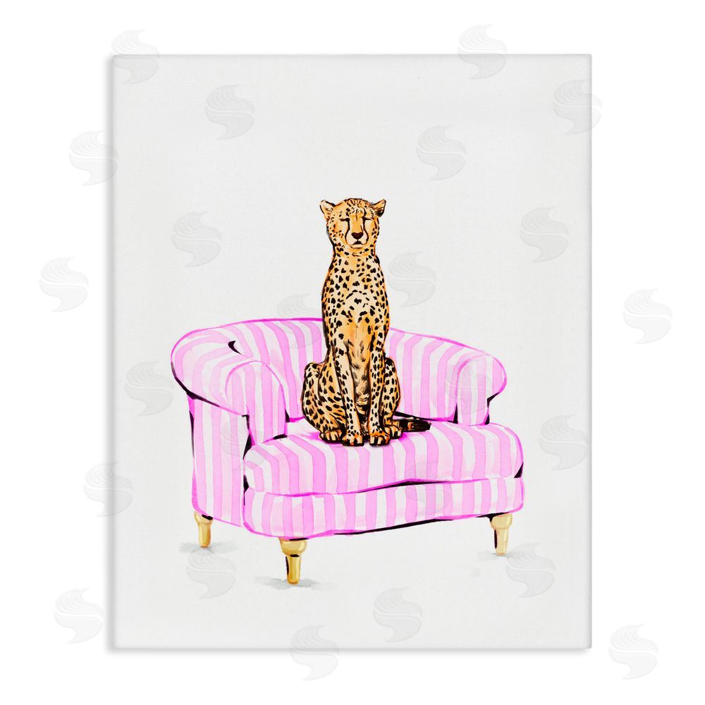 Ziwei Li Cheetah on Pink Stripe Chair Stretched Canvas Wall Art Print