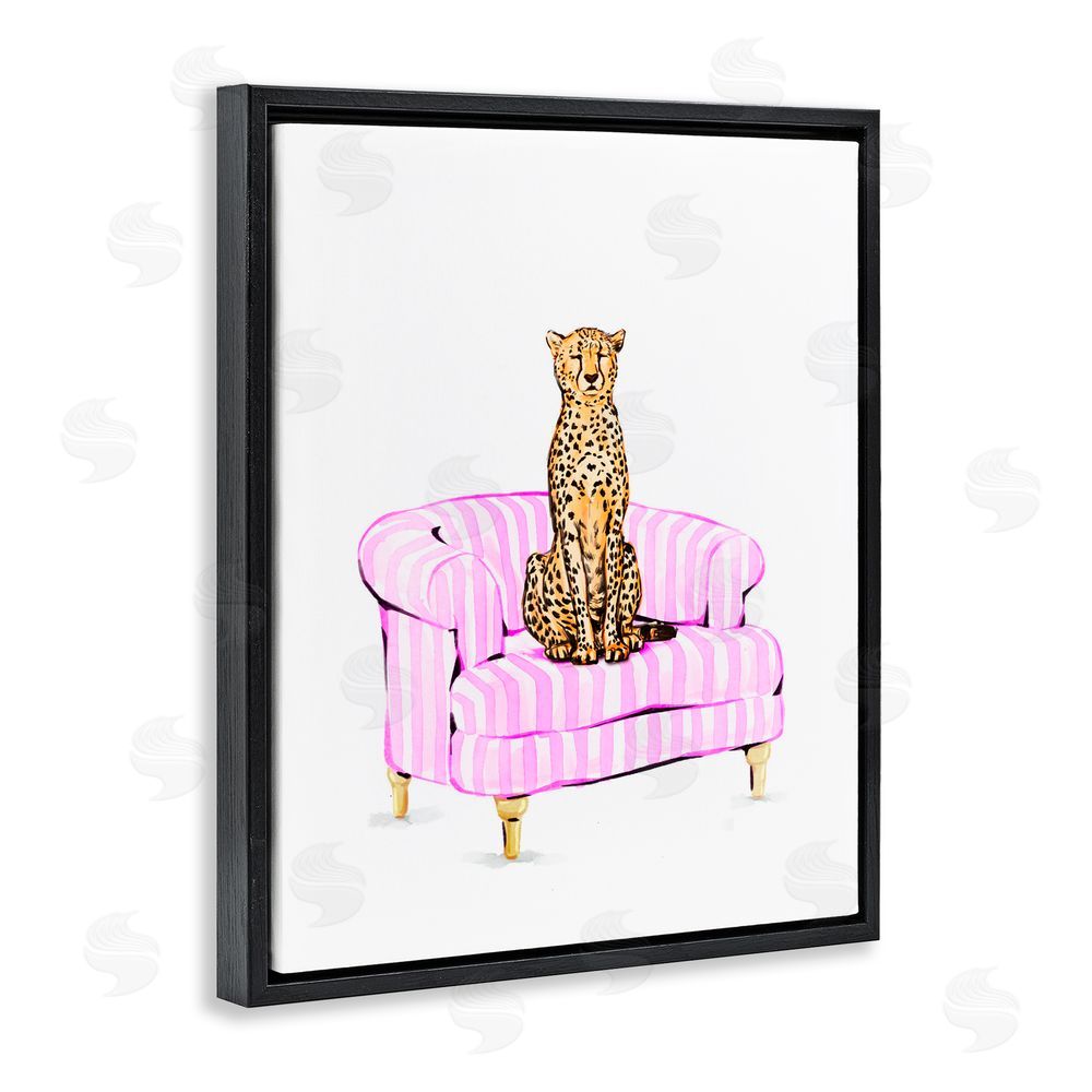 Ziwei Li Cheetah on Pink Stripe Chair Black Floating Frame Canvas Wall Art Print