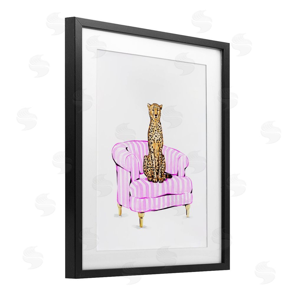 Ziwei Li Cheetah on Pink Stripe Chair Black Framed Print Under Glass Wall Art