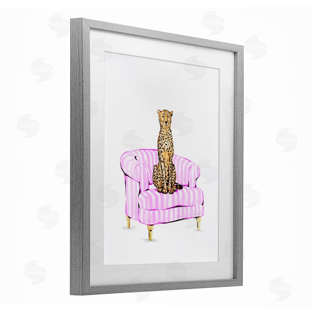 Ziwei Li Cheetah on Pink Stripe Chair Gray Framed Print Under Glass Wall Art