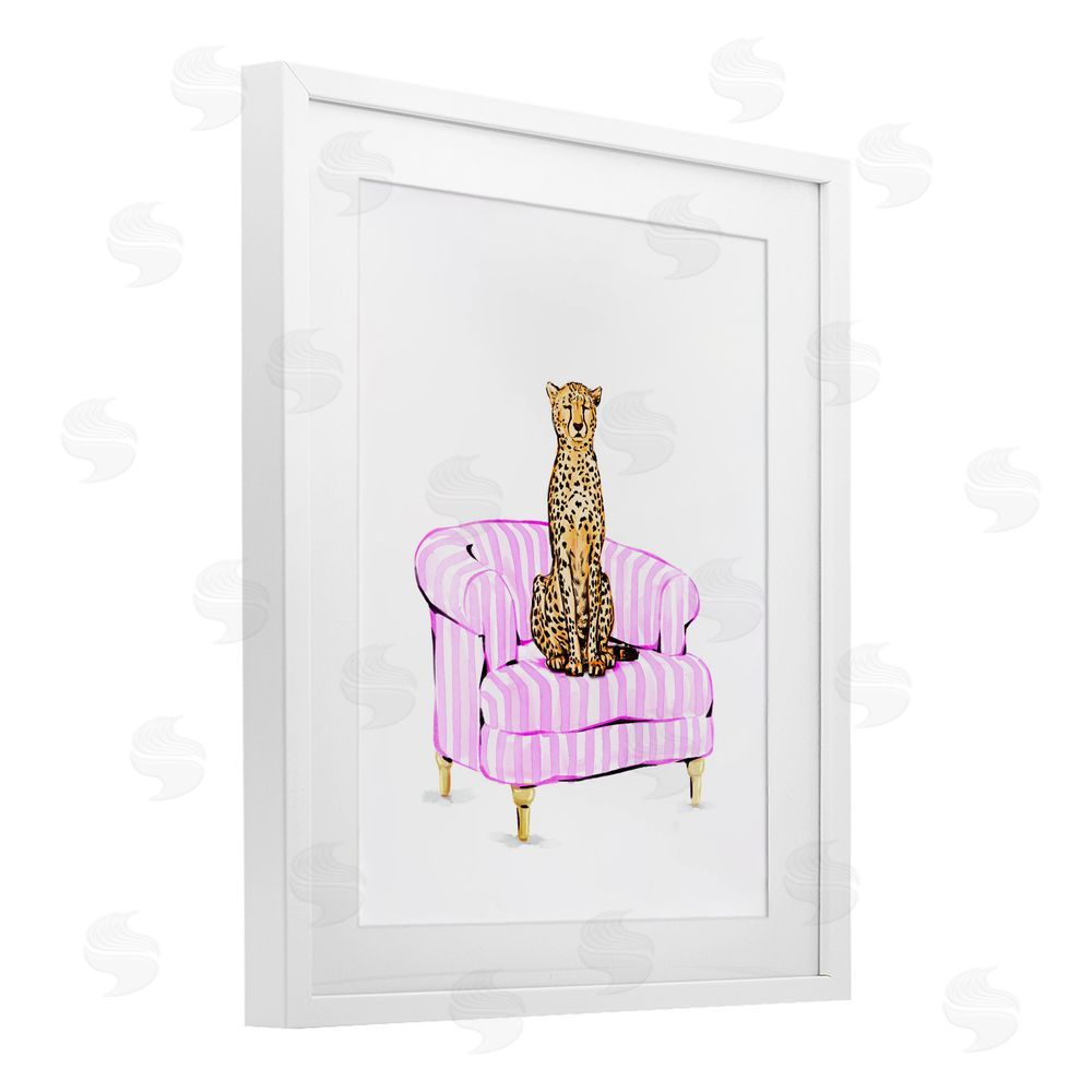 Ziwei Li Cheetah on Pink Stripe Chair White Framed Print Under Glass Wall Art
