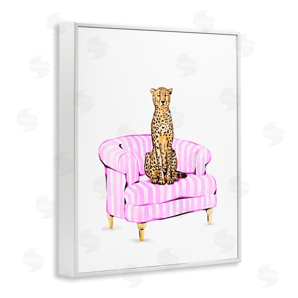 Ziwei Li Cheetah on Pink Stripe Chair White Framed Giclee Print Wall Art