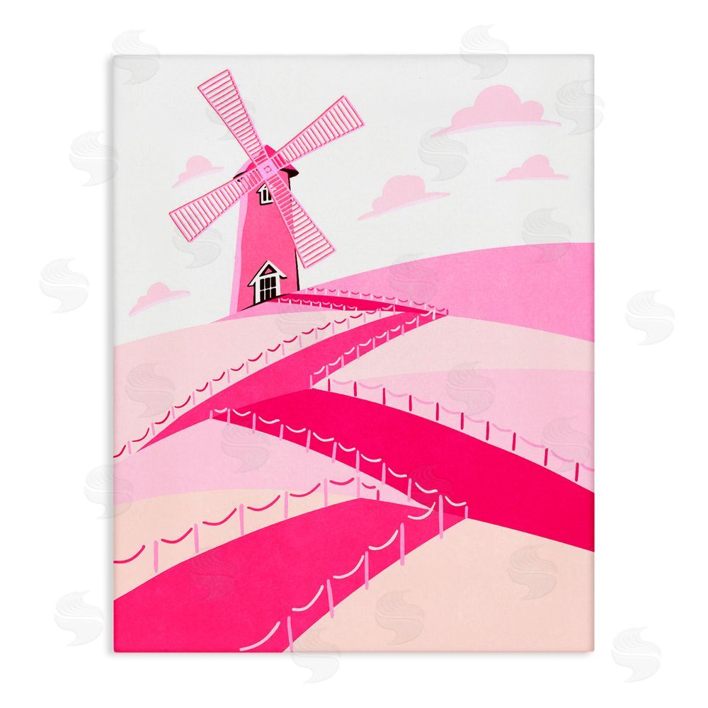 Ziwei Li Pink Hills and Windmill Stretched Canvas Wall Art Print