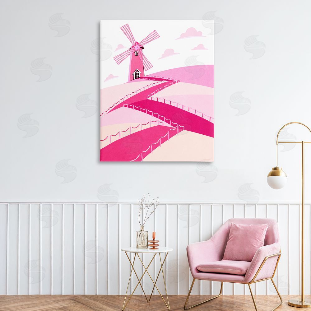Ziwei Li Pink Hills and Windmill Stretched Canvas Wall Art Print in Room