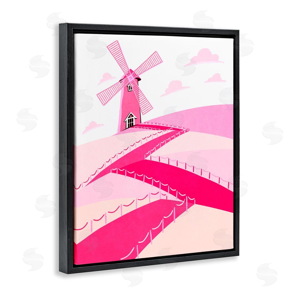 Ziwei Li Pink Hills and Windmill Black Floating Frame Canvas Wall Art Print