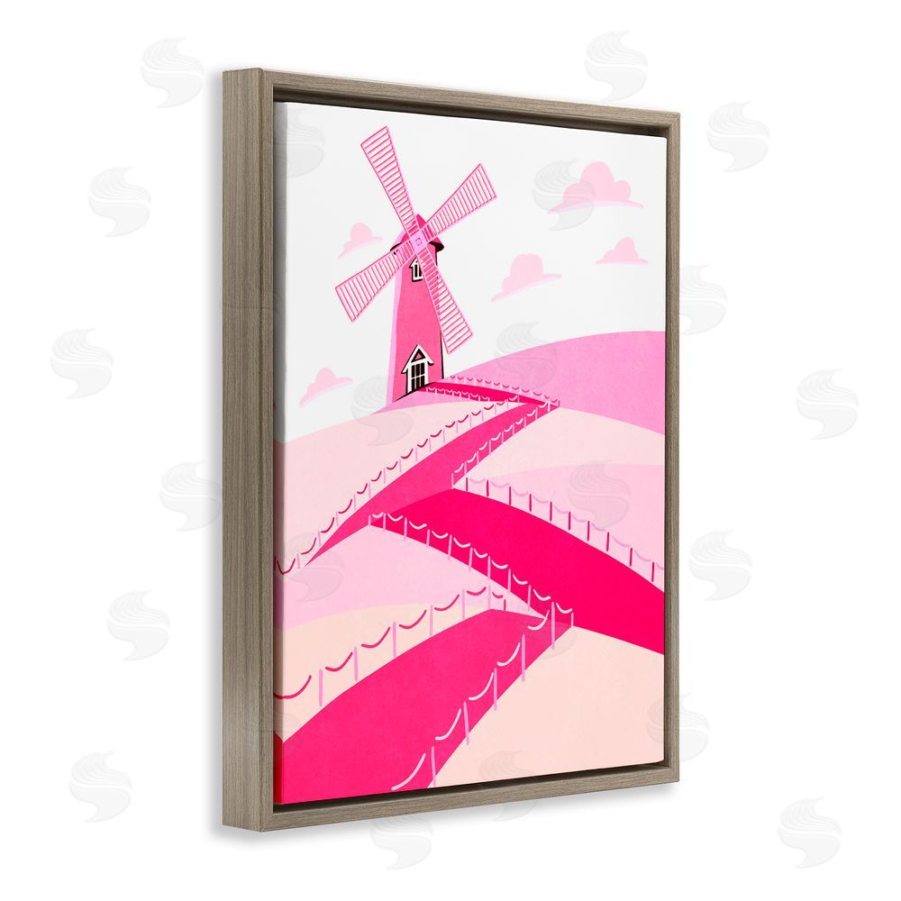 Ziwei Li Pink Hills and Windmill Brown Floating Frame Canvas Wall Art Print