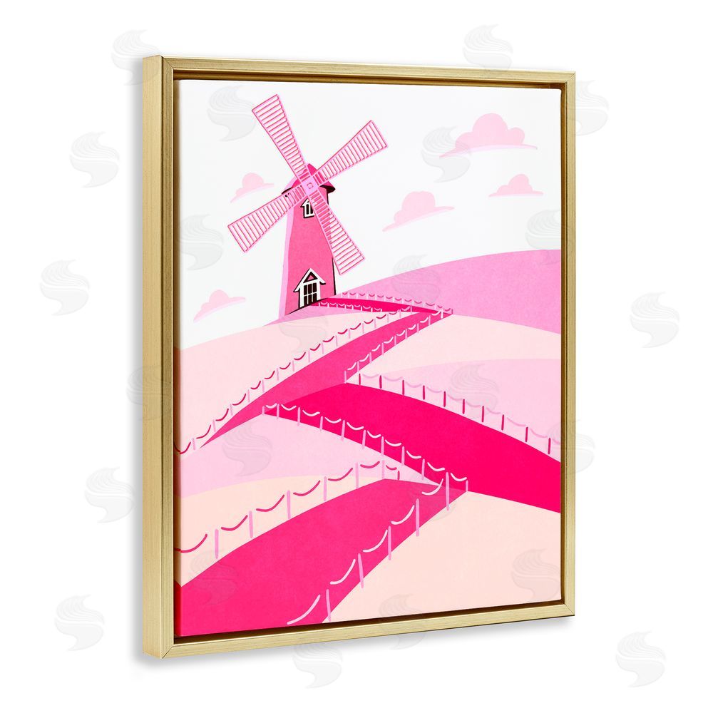 Ziwei Li Pink Hills and Windmill Gold Floating Frame Canvas Wall Art Print