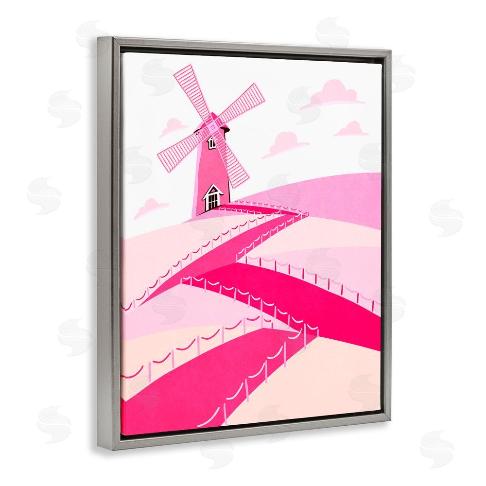 Ziwei Li Pink Hills and Windmill Gray Floating Frame Canvas Wall Art Print