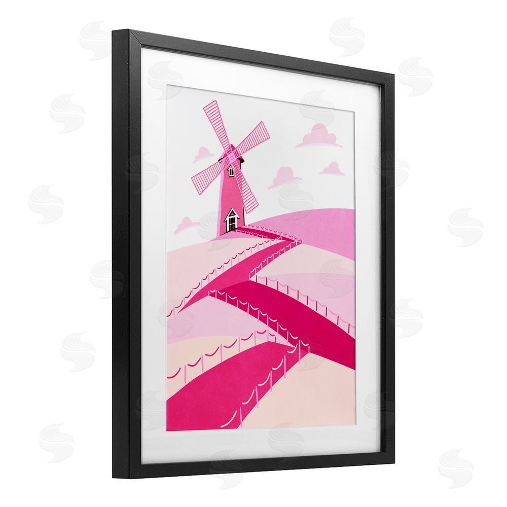 Ziwei Li Pink Hills and Windmill Black Framed Print Under Glass Wall Art