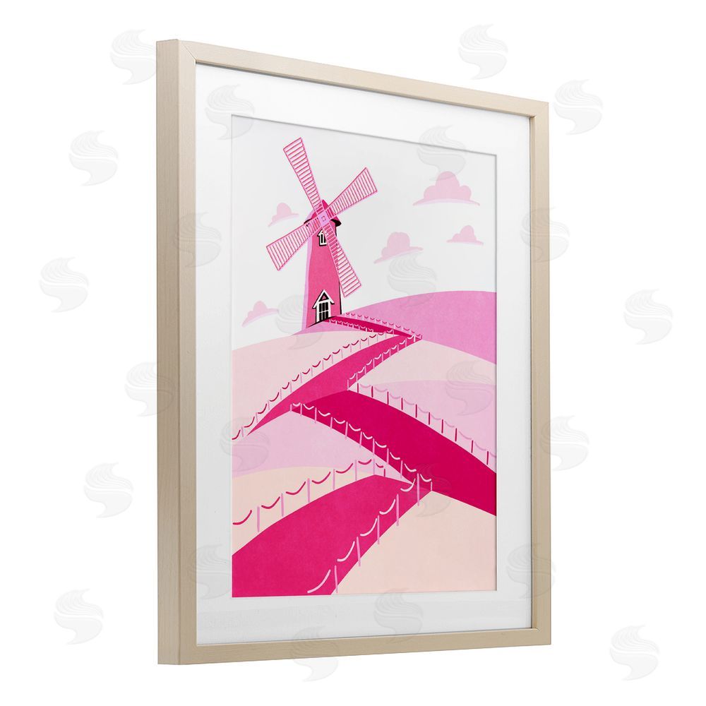 Ziwei Li Pink Hills and Windmill Brown Framed Print Under Glass Wall Art