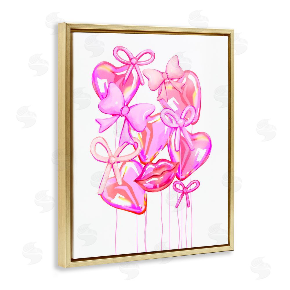 Ziwei Li Pink Heart and Bow Balloons Gold Floating Frame Canvas Wall Art Print