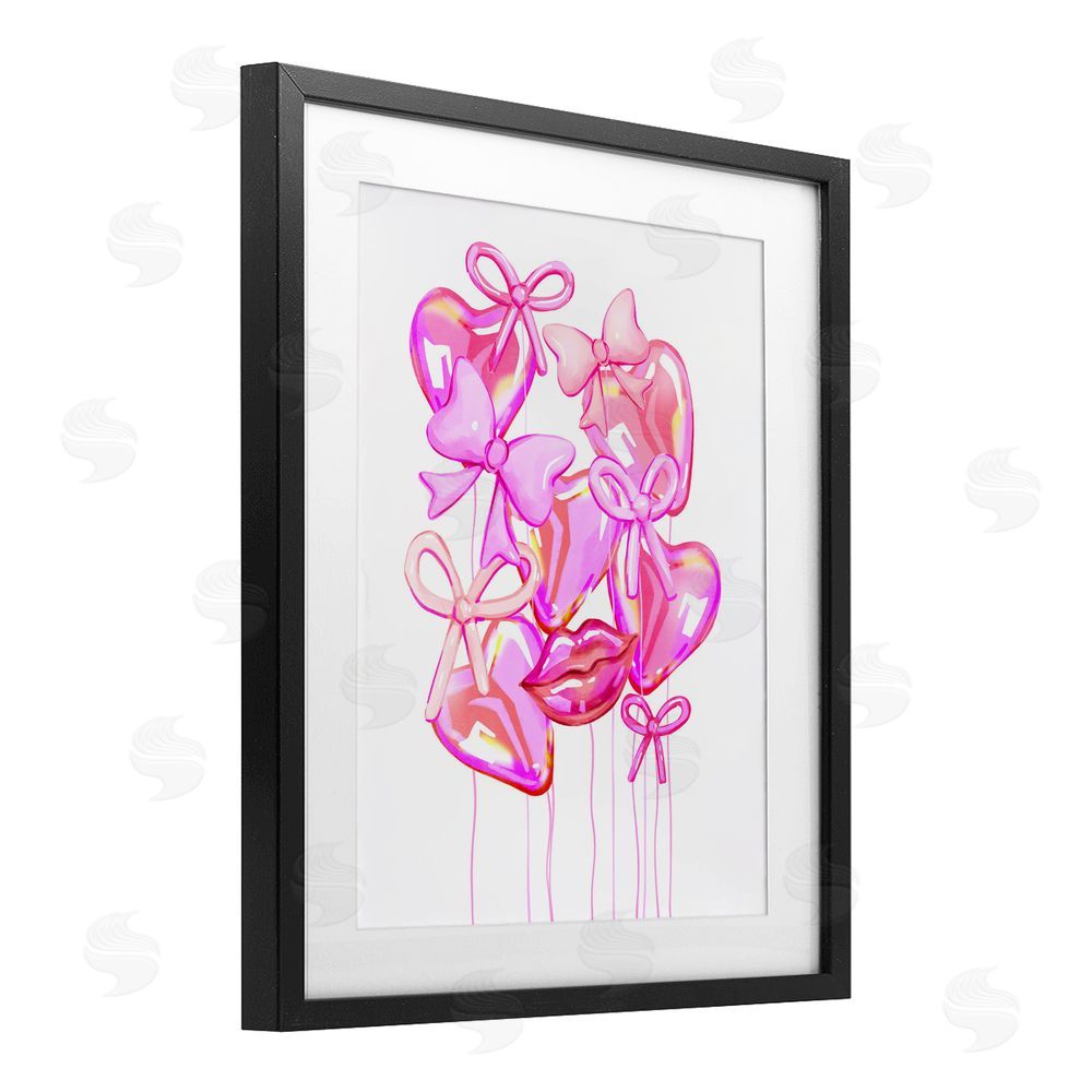 Ziwei Li Pink Heart and Bow Balloons Black Framed Print Under Glass Wall Art