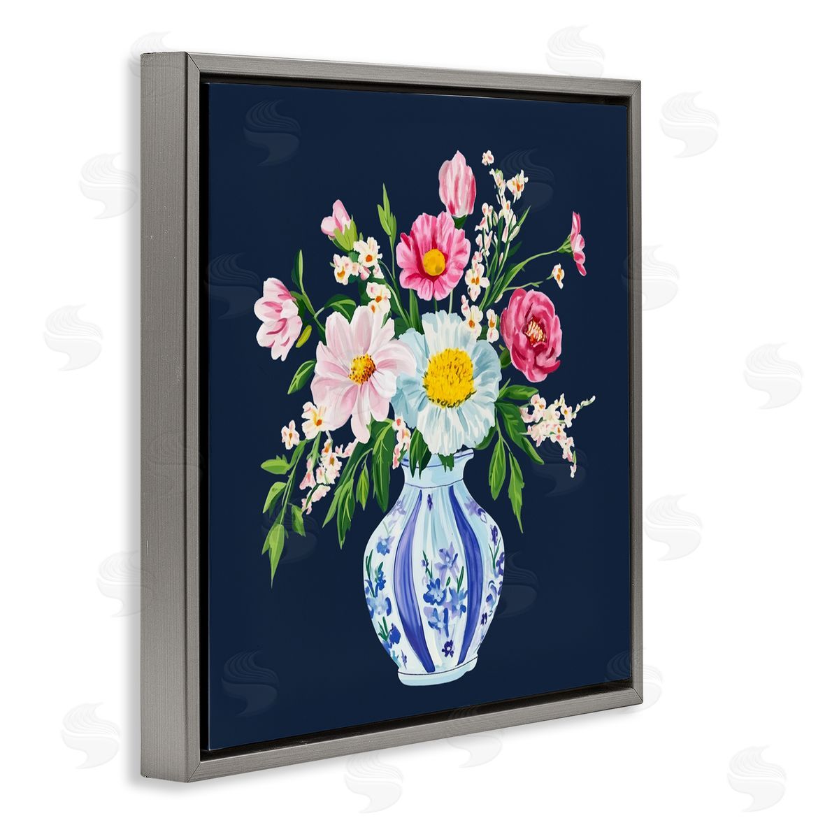 Yen Spring Chinoiserie Vase Gray Floating Frame Canvas Wall Art Print
