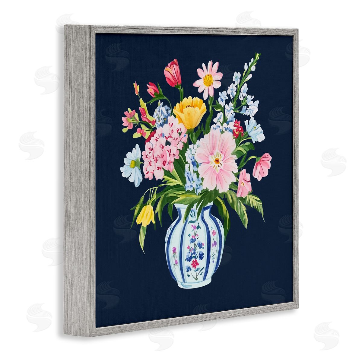 Yen Spring Elegance Chinoiserie Vase Gray Framed Giclee Print Wall Art