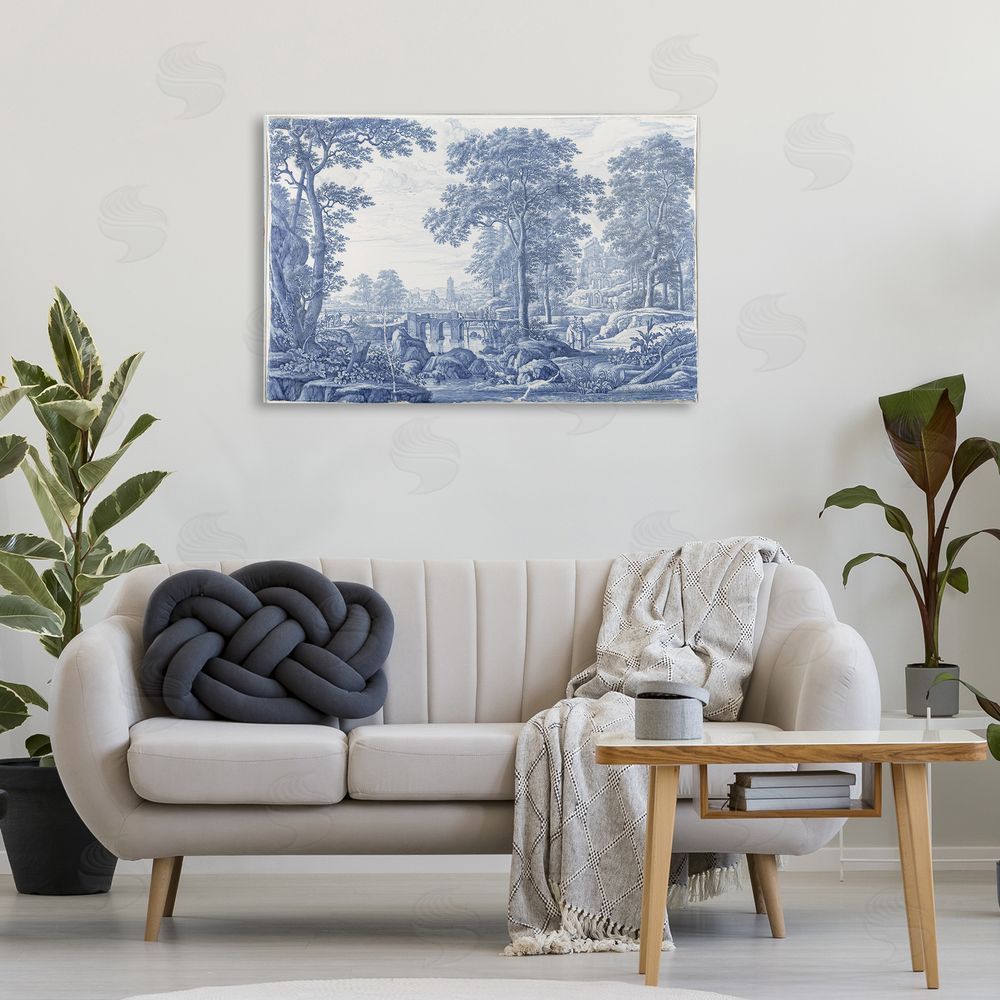 Vintage Hustle Vintage Blue Tinted Toile Stretched Canvas Wall Art Print in Room