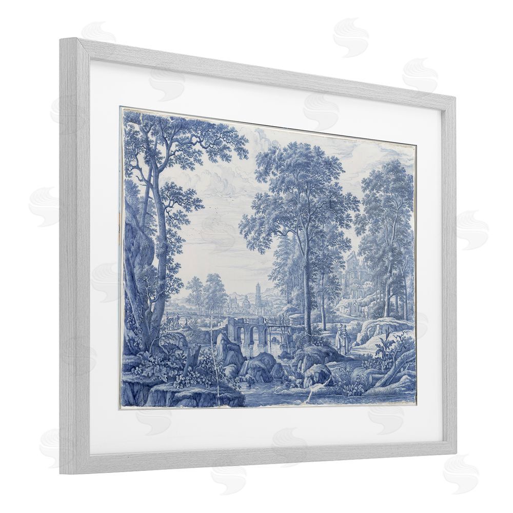 Vintage Hustle Vintage Blue Tinted Toile Gray Framed Print Under Glass Wall Art