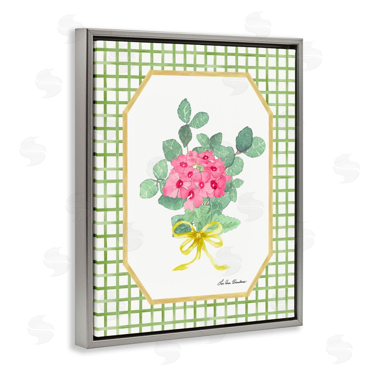 Lee Ann Sanders Botanical Story on Grid Pattern Gray Floating Frame Canvas Wall Art Print