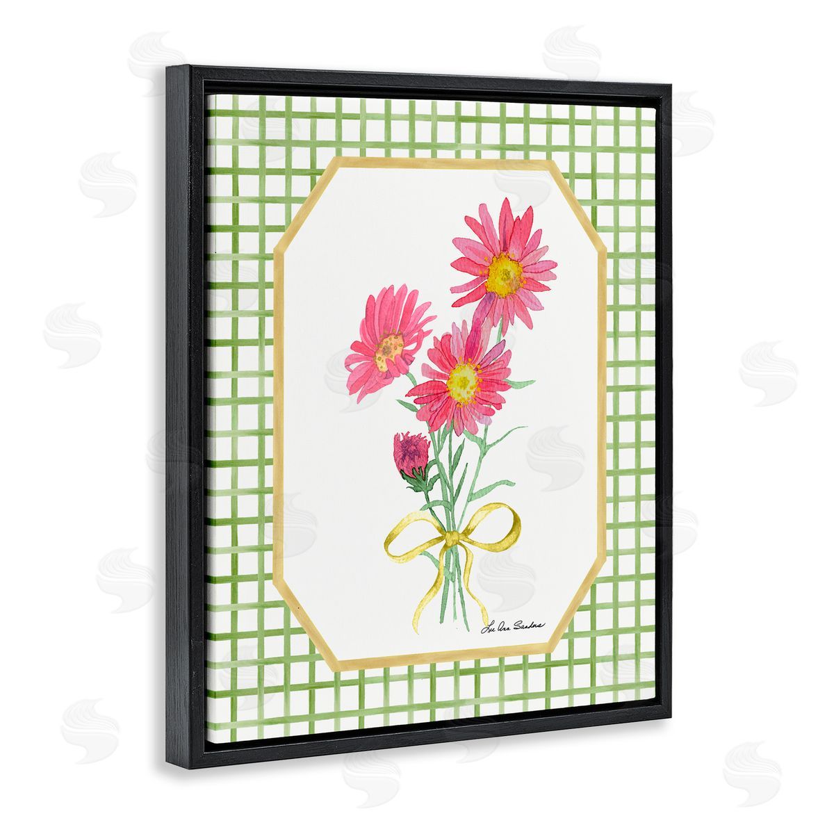 Lee Ann Sanders Botanical Story on Gingham Black Floating Frame Canvas Wall Art Print