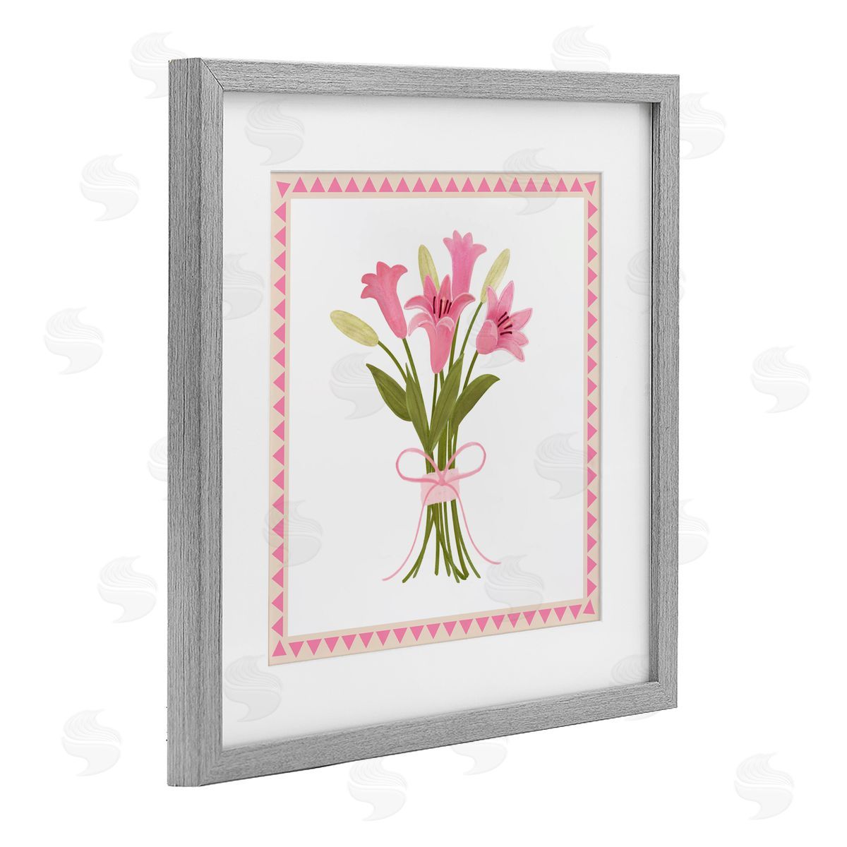 Adrienne Morris Pink Spring Lily Bouquet Gray Framed Print Under Glass with White Mat Wall Art