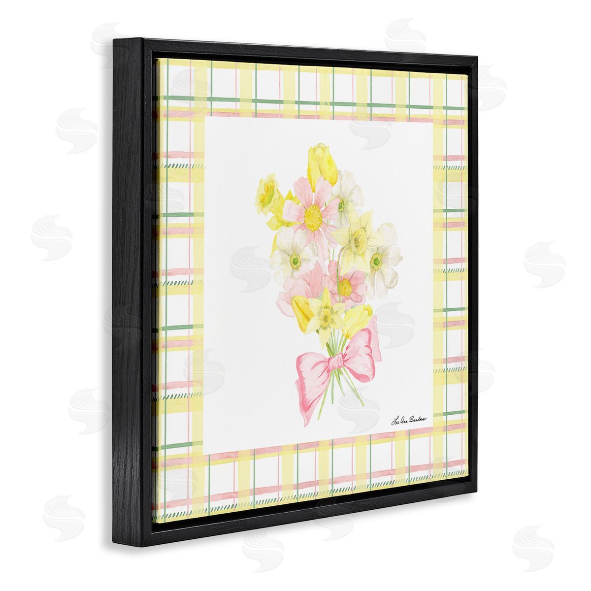 Lee Ann Sanders Spring Daffodils on Plaid Black Floating Frame Canvas Wall Art Print