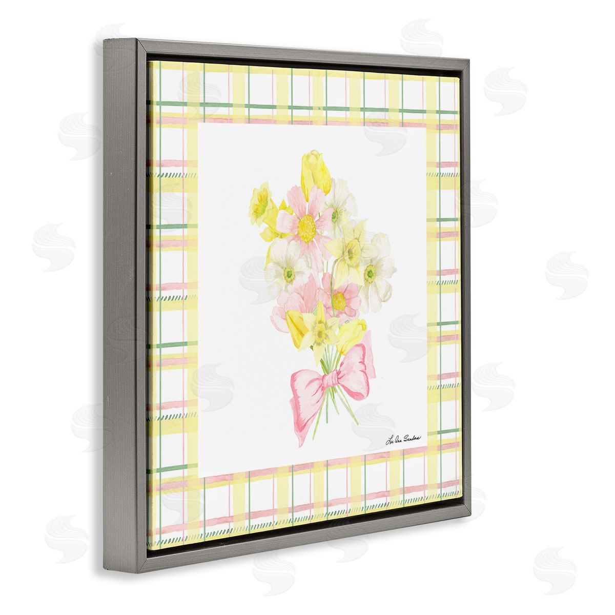 Lee Ann Sanders Spring Daffodils on Plaid Gray Floating Frame Canvas Wall Art Print