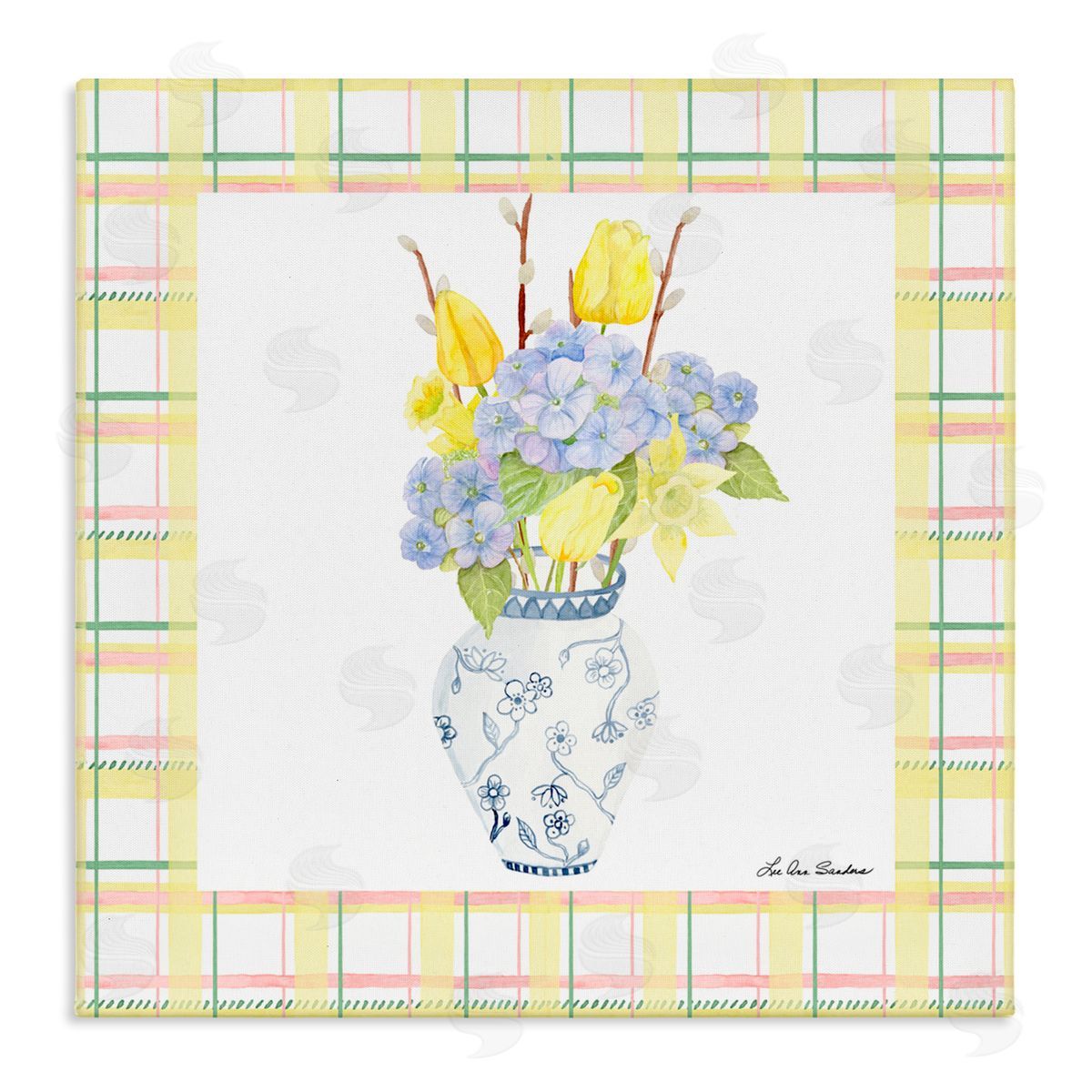 Lee Ann Sanders Spring Vase on Yellow Plaid Stretched Canvas Wall Art Print