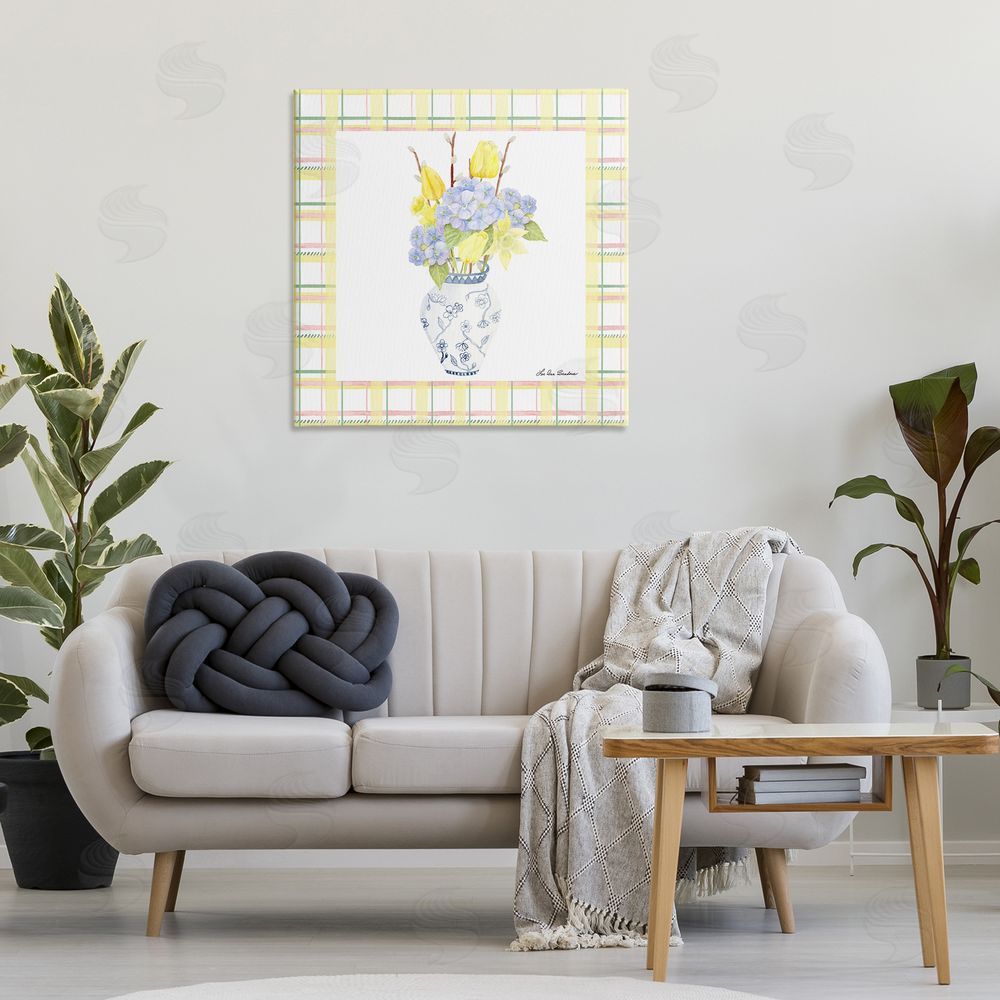 Lee Ann Sanders Spring Vase on Yellow Plaid Stretched Canvas Wall Art Print in Room