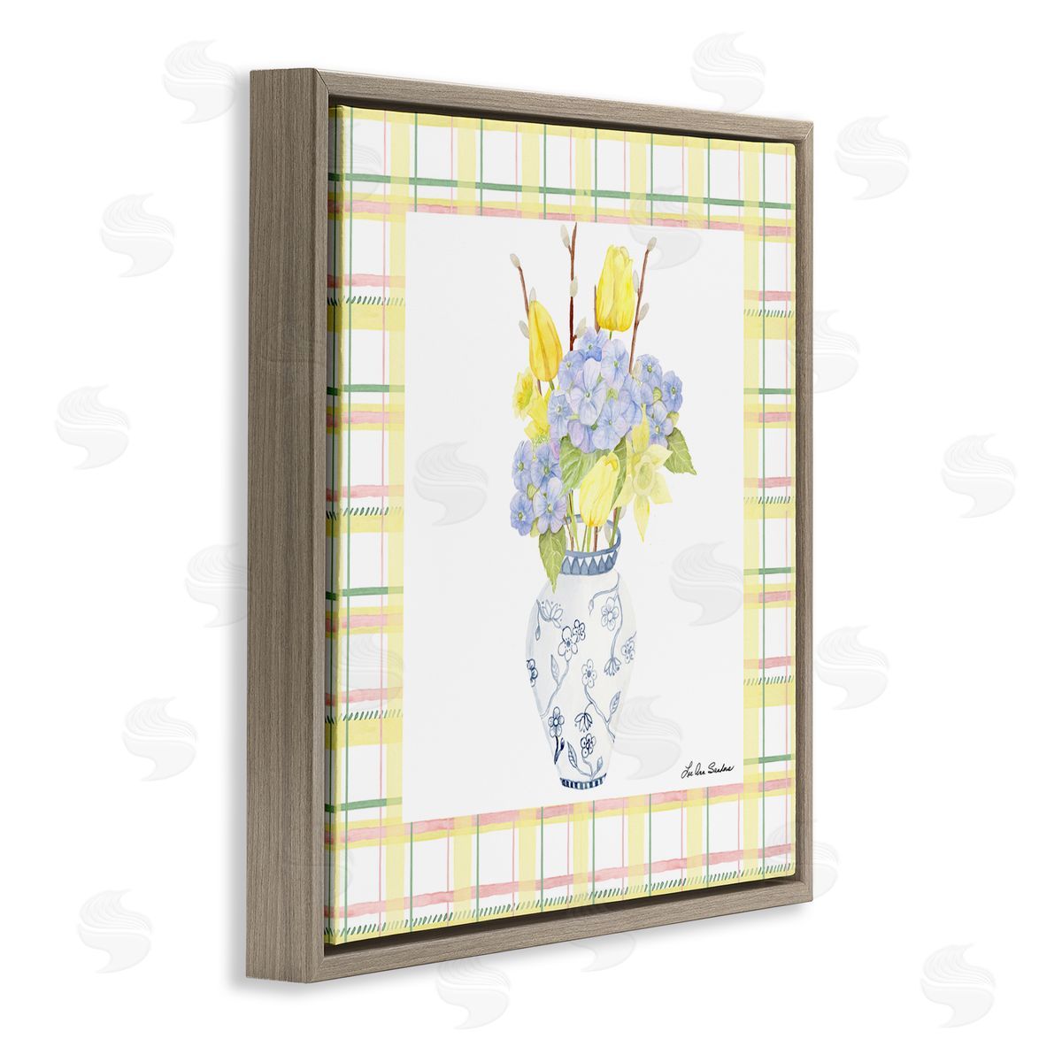 Lee Ann Sanders Spring Vase on Yellow Plaid Brown Floating Frame Canvas Wall Art Print
