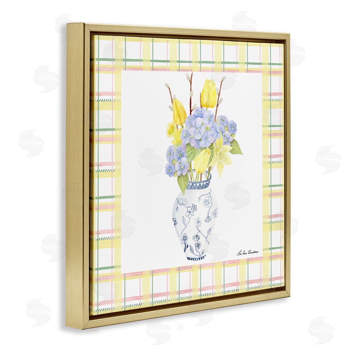 Lee Ann Sanders Spring Vase on Yellow Plaid Gold Floating Frame Canvas Wall Art Print
