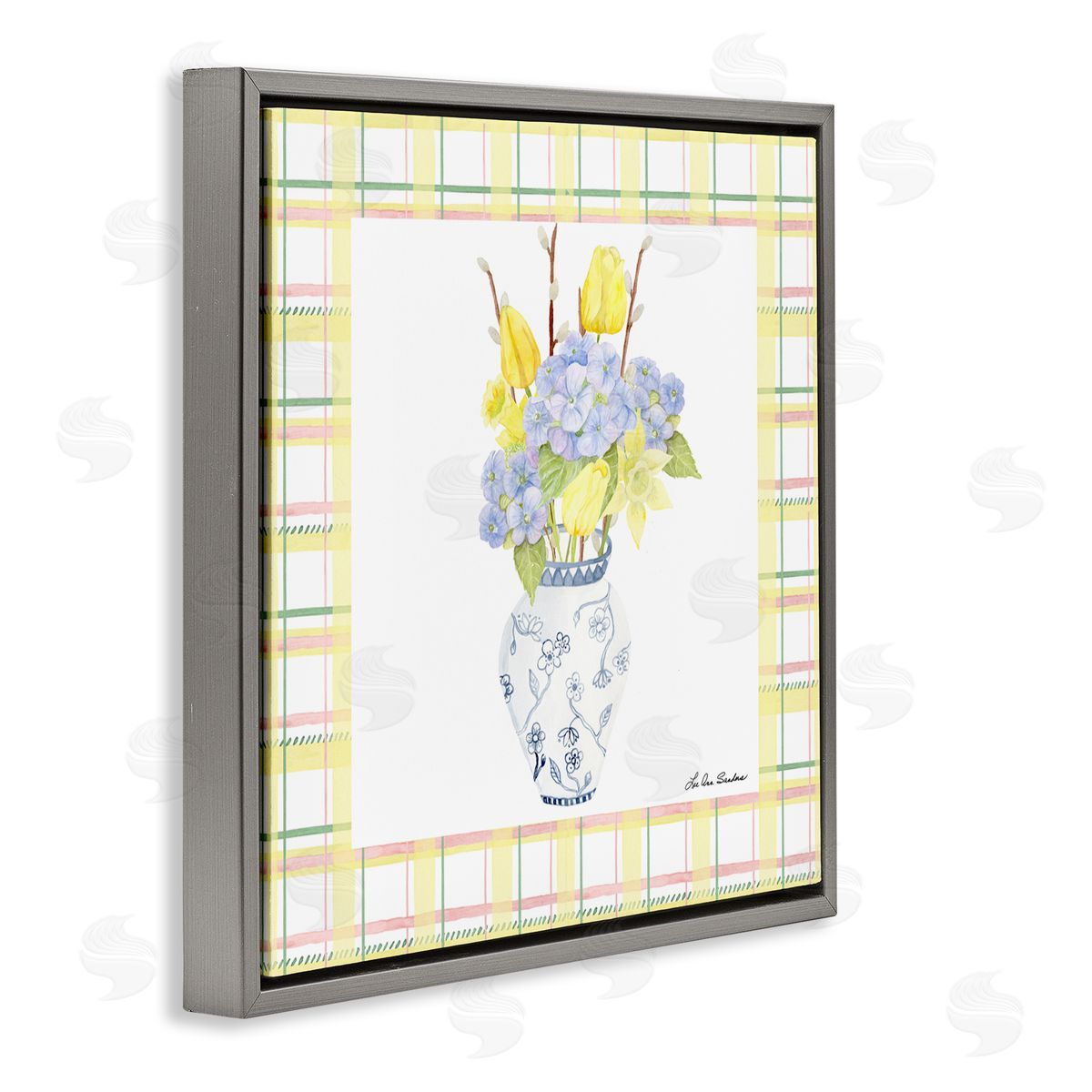 Lee Ann Sanders Spring Vase on Yellow Plaid Gray Floating Frame Canvas Wall Art Print