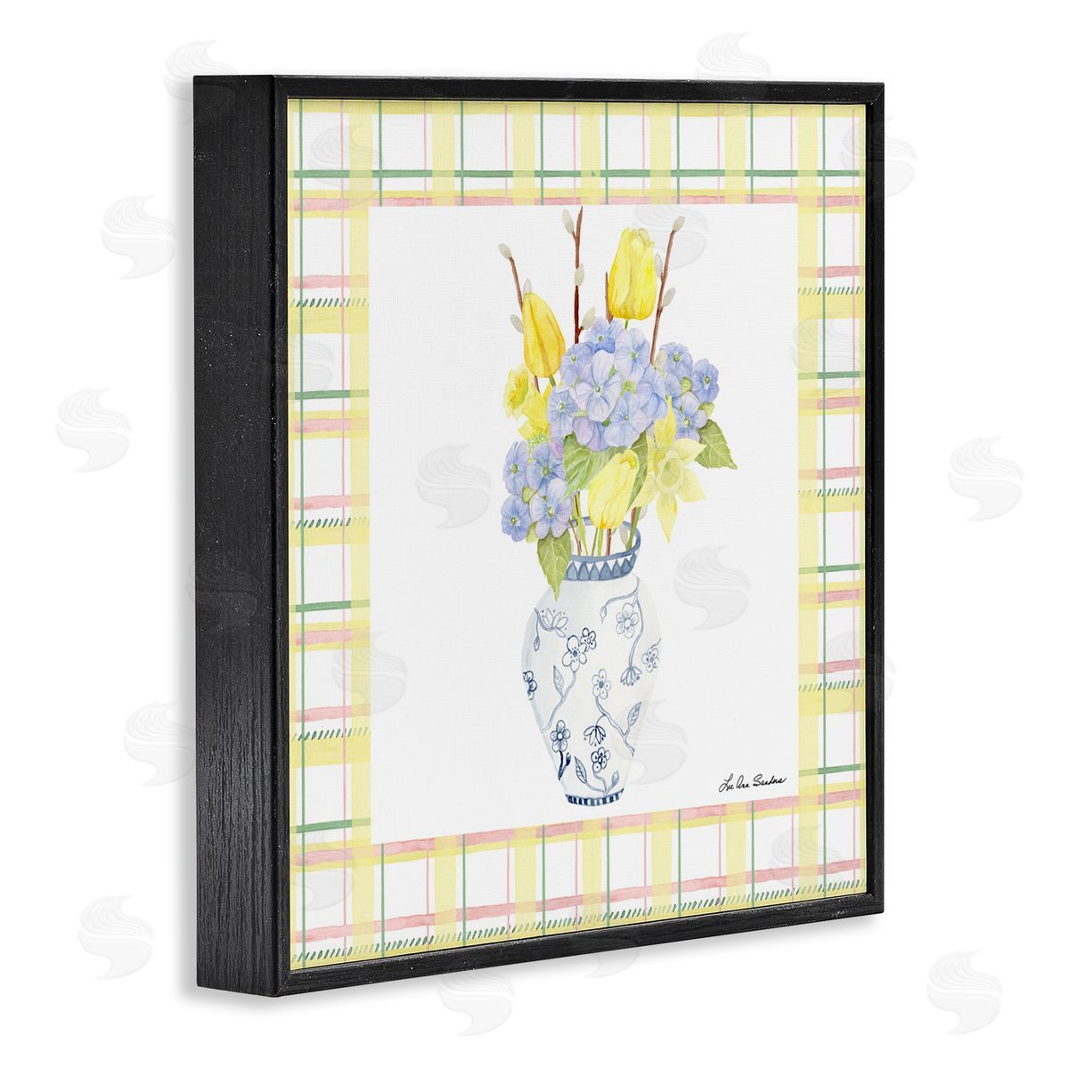 Lee Ann Sanders Spring Vase on Yellow Plaid Black Framed Giclee Print Wall Art