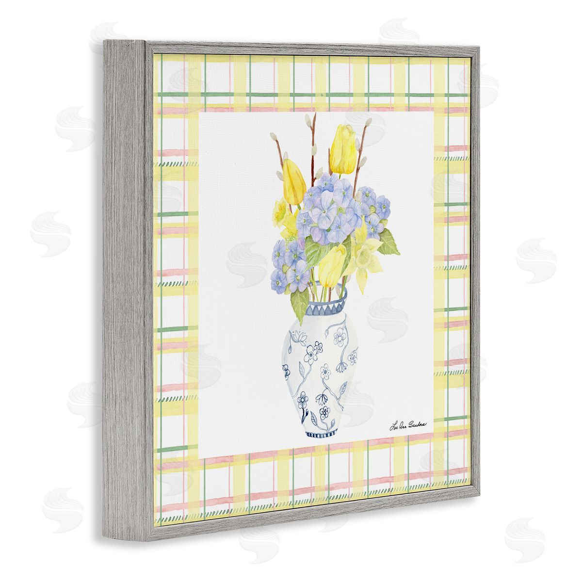 Lee Ann Sanders Spring Vase on Yellow Plaid Gray Framed Giclee Print Wall Art