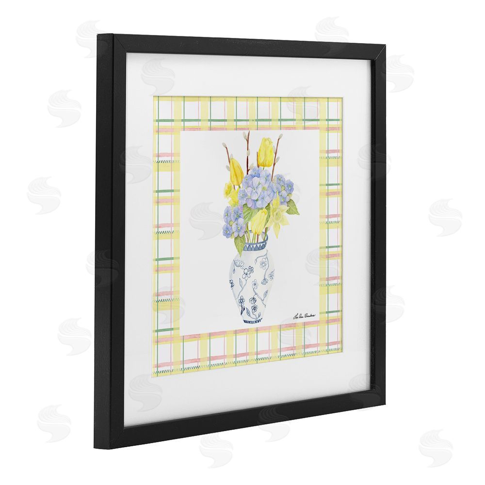 Lee Ann Sanders Spring Vase on Yellow Plaid Black Framed Print Under Glass Wall Art