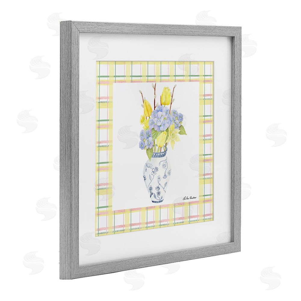 Lee Ann Sanders Spring Vase on Yellow Plaid Gray Framed Print Under Glass Wall Art