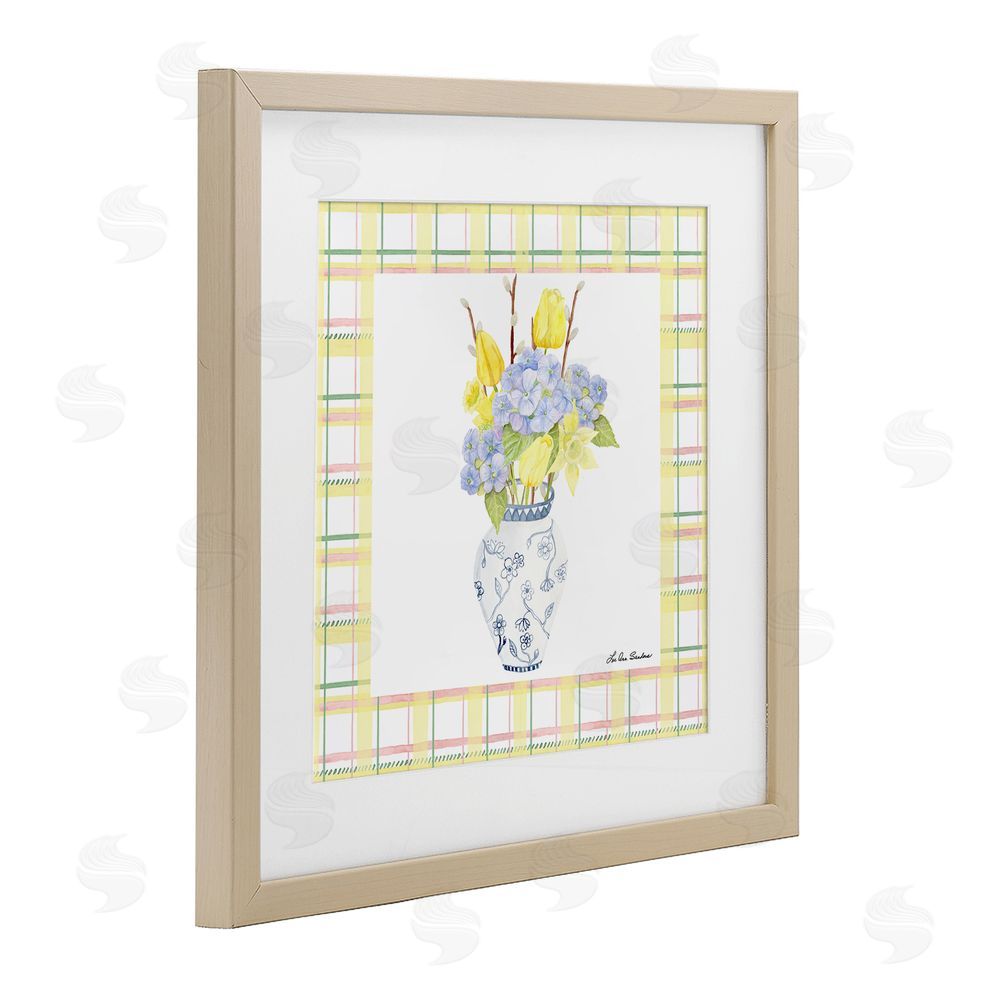 Lee Ann Sanders Spring Vase on Yellow Plaid Brown Framed Print Under Glass Wall Art