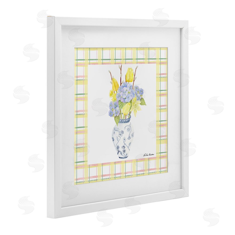 Lee Ann Sanders Spring Vase on Yellow Plaid White Framed Print Under Glass Wall Art